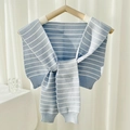 Knitted decorative shawl with light blue and white stripes and ribbed hem finish - Blue Striped