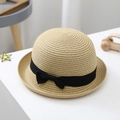 Children's round straw sun hat in beige with a black grosgrain ribbon bow - S (52-54cm) / Beige