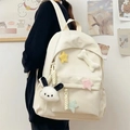 Minimalist beige backpack for students featuring cute plush charms and star decorations - Large / With Pins and Dog Charm / White