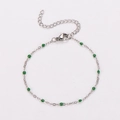 Adjustable silver stainless steel chain bracelet with green enamel beads for women - Steel - Dark Green