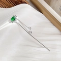 Épingle à cheveux chinoise en argent avec gemme verte et chaînes pendantes - Pic à cheveux à pompon