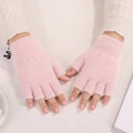 Mitaines en peluche rose avec texture tricotée douce et poignets élastiques côtelés - Taille unique / Style Sans Doigts Standard / Rose