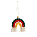Detail of handmade woven rainbow car pendant with colorful cotton ropes and a wooden bead - Green Gradient