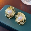 Golden spiral wrap stud earrings with white pearl center for women minimalist style - Gold Wrapped Pearl Style (HE12041)