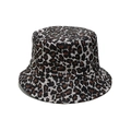 Close-up of leopard print pattern and fabric texture on a flat-top bucket hat - Khaki Leopard (D)