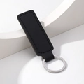 Minimalist black PU leather keychain with polished silver metal ring on white background - Rectangle / Black