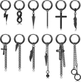Set of 12 black stainless steel hoop earrings with punk pendants in a sleek layout - Black Stainless Steel Long Chain Pendant Set (36029)