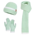 3-piece winter knit set with beanie, scarf, and gloves in mint green with white accents - Cyan