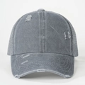 Macro view of distressed grey cotton baseball cap showing ripped details and mesh panels - One Size / Light Gray