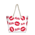 Large beach tote bag with red lips and XOXO print featuring rope handles on white background - White Red Lip XOXO Style (jiayingstb21)