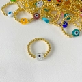 Handmade 18K gold plated beaded ring featuring a colorful glass evil eye charm - Size 7 (Elastic) / Colorful
