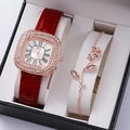 Elegant rose gold square watch with diamond bezel and red leather strap in gift box - Red (Watch with Bracelet)