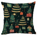 Christmas pillowcase with hand-drawn Christmas trees on dark green fabric background - Dark Green Illustration Xmas Tree (CDR354-11) / 45x45cm Single-sided No Insert