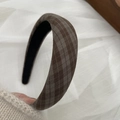 Thick padded brown plaid fabric headband for women with a stylish minimalist finish - Plaid Fabric Style / Grey Brown