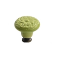 Bouton de meuble en céramique vert herbe avec motif floral et base en métal noir - Base haute / Vert Herbe