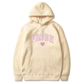 Cremefarbener Kapuzenpullover mit lila Fresh-Schriftzug und Herz-Print in der Mitte - S / Oberteile / Khaki
