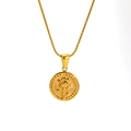 Golden titanium steel snake chain with a vintage round floral coin relief pendant - July Chrysanthemum