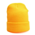 Vibrant yellow knit beanie with ribbed texture and folded cuff for winter warmth - One Size / Elastic / Orange