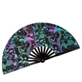 33cm reflective bamboo fan with colorful holographic mushroom patterns on black frame - Reflective Black Fan - Jellyfish