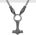 Silver-black Viking Thor's Hammer necklace with intricate Nordic totem engravings - Double Wolf Head Braid Chain (Style 14)
