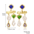 Baroque pearl drop earrings with colorful heart stones and gold accents, 6.4cm height - E2308-25 Blue Green Purple Glass