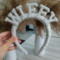Elegant white pearl and rhinestone headband featuring WIFEY lettering for bridal party - WIFEY Letters Pearl Rhinestone (Series 4-1)