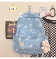 Light blue school backpack with white bear prints and cute plush charms - With 1A Pendant and Bib Bear / Blue