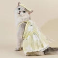 Cat in yellow floral dress with matching sun hat, featuring elegant lace and bow details - XS / Yellow Cherry Suspender Dress with Headpiece (D39)
