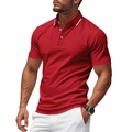 Detail of red men's polo shirt with blue and white striped collar and buttoned placket - Red