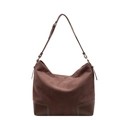 Sac hobo vintage en daim marron avec détails en cuir et surpiqûres blanches contrastées - café
