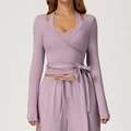 Chic mauve long sleeve wrap yoga set with cross-tie top and matching wide leg pants - S / Incense Purple