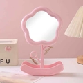 Pink flower-shaped makeup mirror with storage tray and jewelry hooks for vanity desk - Pink