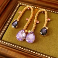 Pendientes vintage en U dorados con grandes gemas de pera púrpuras y piedras rosas - Estilo de Gota de Agua Púrpura Trenzada Dorada / Dorado-Púrpura