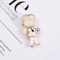 Artistic cartoon figure brooch in golden alloy with white enamel and beige cat eye stone - Nurse Girl