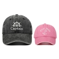 Vintage washed cotton baseball cap set with Captain helm and First Mate anchor embroidery - Adjustable / Black Adult + Pink Child