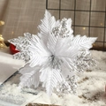 Artificial white Christmas flower with silver sequins and glitter on snowy background - White with Silver Sequins