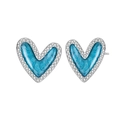 Silver 925 heart stud earrings with blue glitter enamel and cubic zirconia border - 925 Silver / Aqua