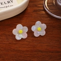 French style floral stud earrings with iridescent white petals and yellow center detail - Iridescent Pearly White 5-Petal Flower Studs