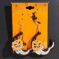 Halloween wooden drop earrings featuring black ghost silhouettes and orange pumpkins - Ghost Moon Style