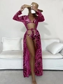Détails de l'imprimé marbré sur un ensemble bikini trois pièces avec long cardigan - S / Rose Rouge