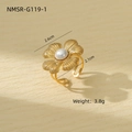 Detailed close-up of golden flower ring with large white pearl and textured petals - Exquisite Floral Pearl(NMSR-G119-1)
