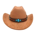 Ethnic western cowboy hat in tan suede featuring turquoise beads and leather band - One Size / Khaki
