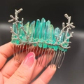 Handmade silver branch hair comb featuring iridescent green crystal clusters for women - Green + Branch