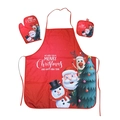 3-piece Christmas kitchen set with red apron, heat mitt and pot mat featuring Santa print - Snowman Santa Reindeer