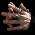 Gothic punk ring set for men with skull snake spider and bat motifs in vintage silver - J0667-Dark Punk Spider Bat Snake Set
