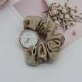 Detail of khaki silk ribbon watch band with sparkling rhinestones and rose gold case - Khaki