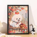Solid black minimalist puzzle frame featuring a Bichon Frise and persimmon tree design - 70.5x100.5cm Wall Mount / Black