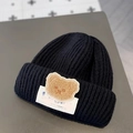 Cute black knit beanie for kids with cartoon bear patch and lucky embroidery - LUCK Bear Black