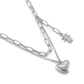 Double-layered stainless steel necklace featuring a heart and girl silhouette pendant - Silver Solid Heart and Girl Silhouette Style (KN119507-Z)