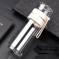 Premium double-walled glass water bottle with integrated tea infuser and portable strap - White 400ml